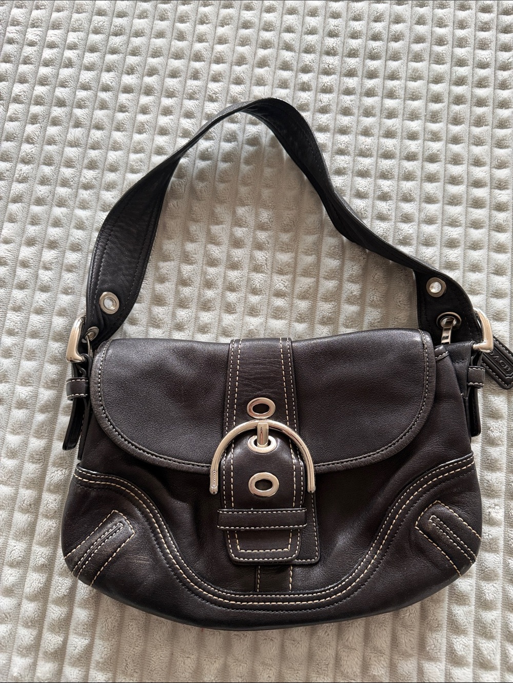 Coach Black Leather Soho Mini Shoulder Bag with Contrast Stitching